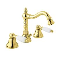 FIRST-BBS2-03/24-Bi Смеситель для биде на три отверстия с донным клапаном, исполнение золото, ручки белые