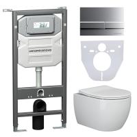 Подвесной унитаз PLAY Rimless+Шумоизоляционная панель+Система инсталляции с кнопкой Flat цвет хр/мат