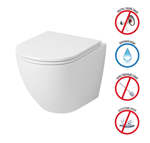 Унитаз GR-4455MSQ (490*370*360) БЕЛЫЙ МАТОВЫЙ подвесной БЕЗОБОДКОВЫЙ с тонкой крышкой