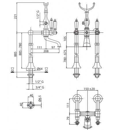 Смеситель для ванны Cezares First VDP FIRST-VDP-03/24-Bi Золото 24 карат