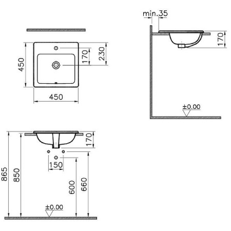 Раковина Vitra "S20", прямоугольная, фарфор, белая, врезная, 45x17x45 см