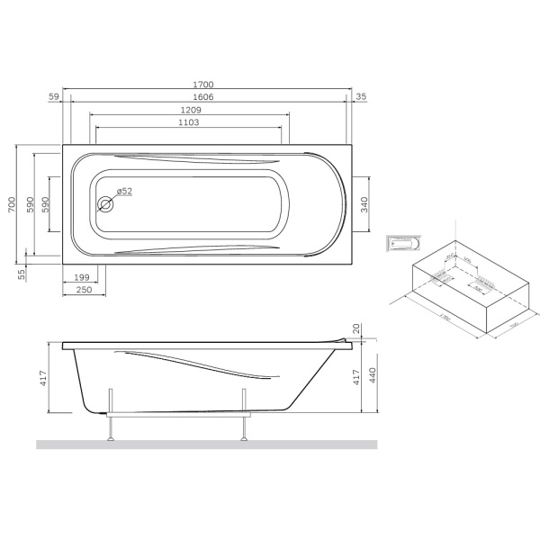 W76A-170-070W-R Sense New, каркас в комплекте с монтажным набором 170х70