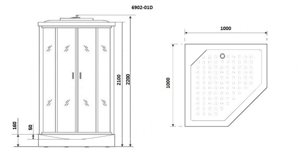 Душ.каб. NG-6902-01D BLACK (1000х1000х2200) низкий поддон (16 см) стекло ТОНИРОВАННОЕ, 4 места