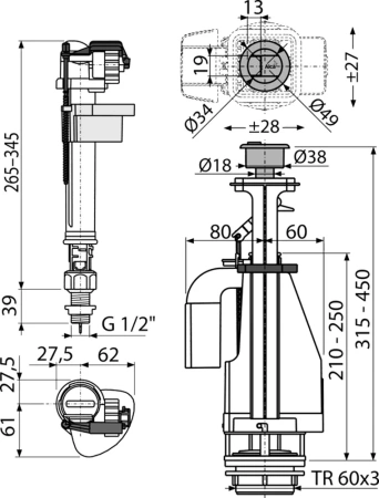 Механизм смыва для бачка AlcaPlast SA08ASK 1/2" CHROM