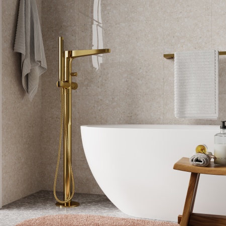 Смеситель для ванны WasserKRAFT Sauer 7121, напольный, латунь, золотой, глубина 307мм