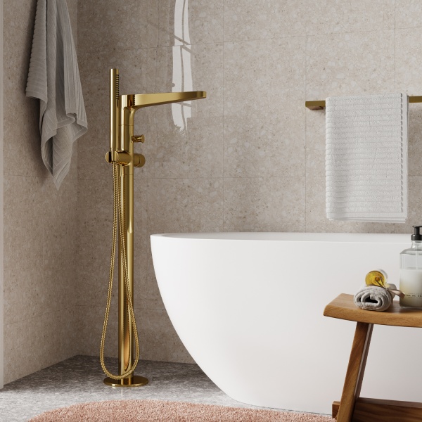 Смеситель для ванны WasserKRAFT Sauer 7121, напольный, латунь, золотой, глубина 307мм