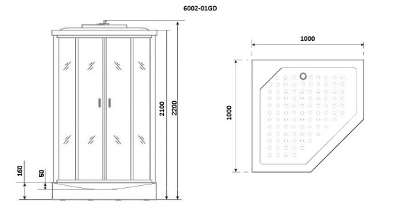 Душ.каб. NG-6002-01GD (1000х1000х2200) низкий поддон(16 см) стекло ПРОЗРАЧНОЕ, 4 места