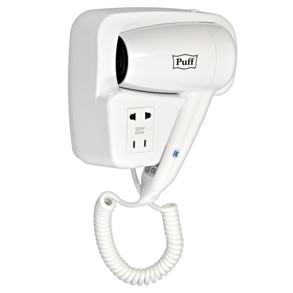 Фен для волос настенный "Puff-1200B", белый, 1,2 кВт, с доп. розеткой
