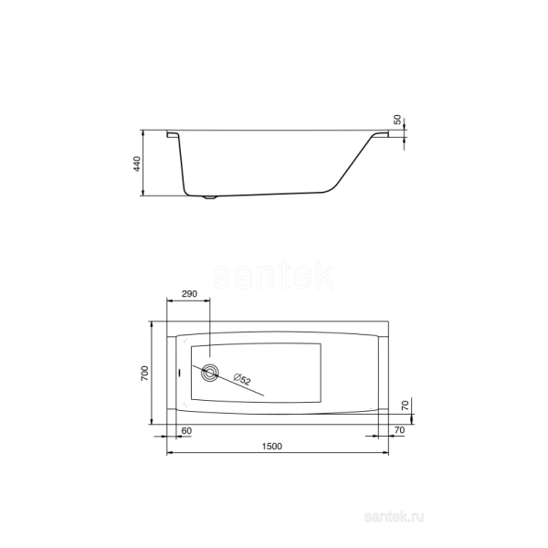 Акриловая ванна 150x70 см Santek Санторини 1.WH30.2.497