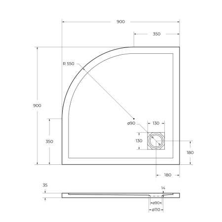Душевой поддон из искусственного мрамора в комплекте с сифоном BelBagno UNO TRAY-MR-UNO-R-90-550-35-W-CR