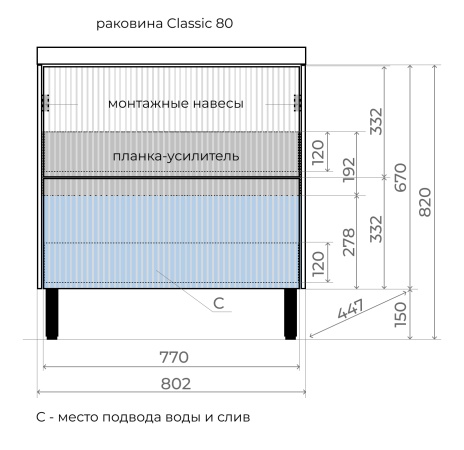 Тумба без раковины напольная "Стокгольм 80", Classic 80, (2 ящ.) белый рифленый софт, с раковиной