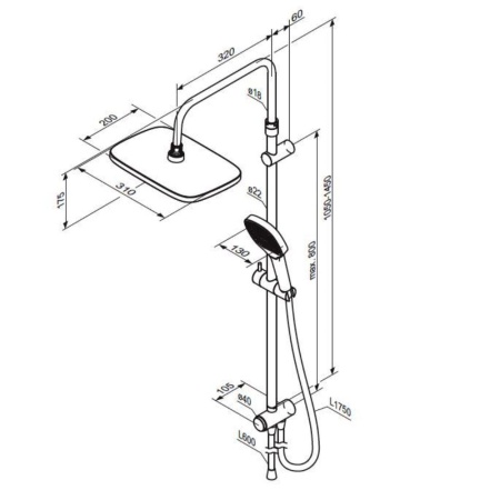 940000000 Merkur душ.система: верх.душ 310*200 мм, ручн.душ 3 ф-ции 130*250 мм, штанга 1050-1450, хр