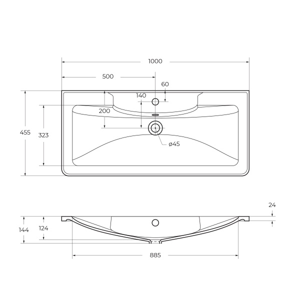 Раковина-столешница BelBagno ACQUA BB1000, прямоугольная, подвесная, искусственный камень, белая, 100x45.5x14.5 см