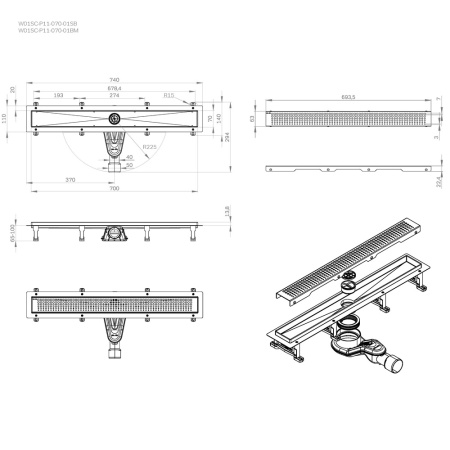 W01SC-P11-070-01SB MasterFlow Трап для душа линейный универс затвор Cut Gradient 70см цвет сталь мат