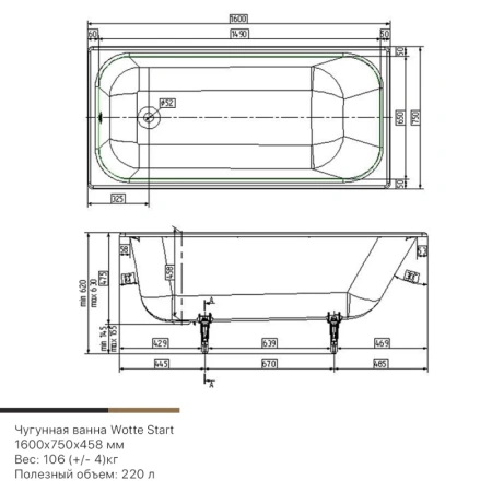 Чугунная ванна Wotte Start, 160х75 см, белая, глянцевая, противоскользящее дно