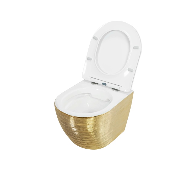 Унитаз GR-4455GWS (480*365*370) ЗОЛОТОЙ внутри БЕЛЫЙ подвесной БЕЗОБОДКОВЫЙ с тонкой крышкой