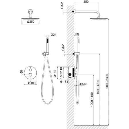 Душевой комплект Timo Saona SX-2369/18SM 250 мм, со смесителем, вороненая сталь