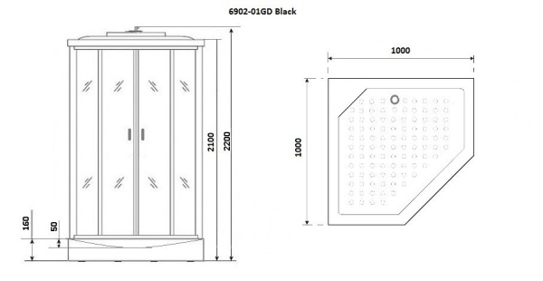 Душ.каб. NG-6902-01GD BLACK (1000х1000х2200) низкий поддон(16 см) стекло ТОНИРОВАННОЕ, 4 места