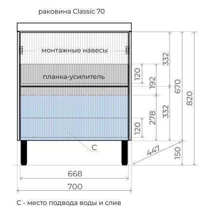 Тумба без раковины напольная "Стокгольм 70", Classic 70, (2 ящ.) белый рифленый софт, с раковиной