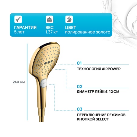 Ручной душ Hansgrohe Raindance Select E 26520990 Полированное золото