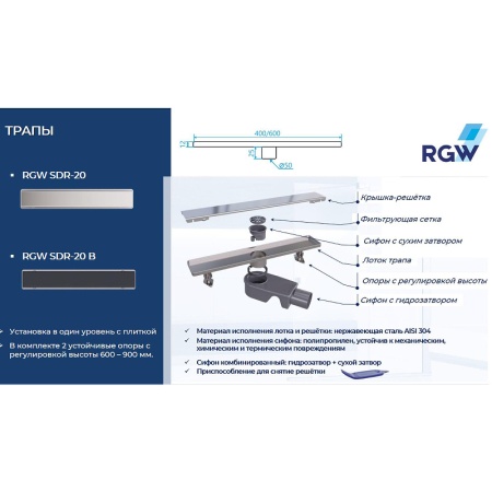 Душевой лоток RGW SDR-20B 47212080-04 с Черной решеткой