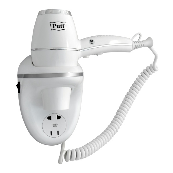 Фен для волос настенный "Puff-1800В", белый, 1,8 кВт, с розеткой, 20,5х11х24 см