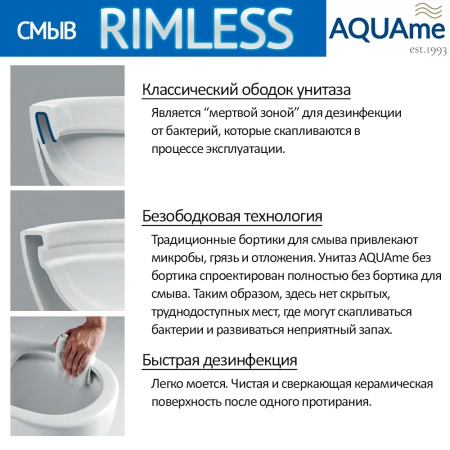 AQM1005 Унитаз напольный Rimless c сиденьем SoftClose, горизонтальный выпуск. 620x345x415мм