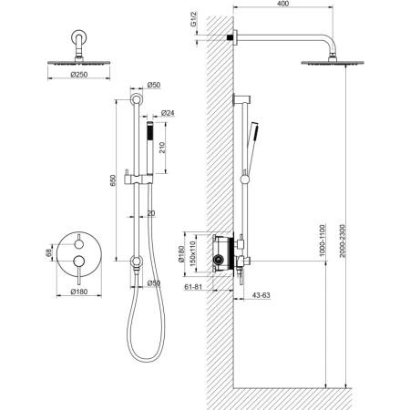 Душевой комплект Timo Saona SX-2309/03SM 250 мм, со смесителем, черный матовый