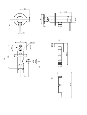AQM6217MB Siena Готовый комплект гигиенического душа (скрытый монтаж, латунная лейка), Черный матов