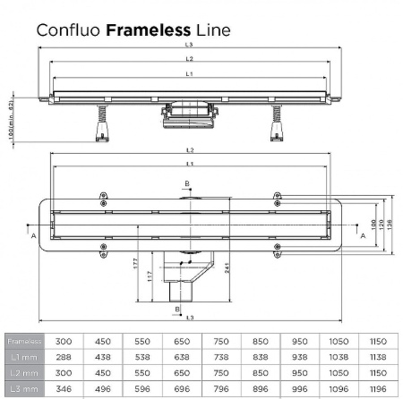 Душевой лоток Pestan Confluo Frameless Line 300 13701259 с двухсторонней решеткой Черный матовый / полая под плитку
