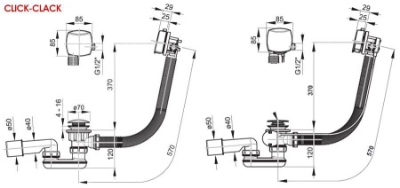 Сточный комплект для ванны с заполнением и переливом "Клик-Клак" квадратный 800 мм X01505