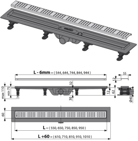 Душевой лоток AlcaPlast Simple с решеткой и опорами APZ10-650M