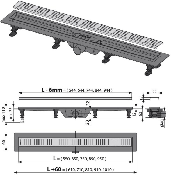 Душевой лоток AlcaPlast Simple с решеткой и опорами APZ10-650M