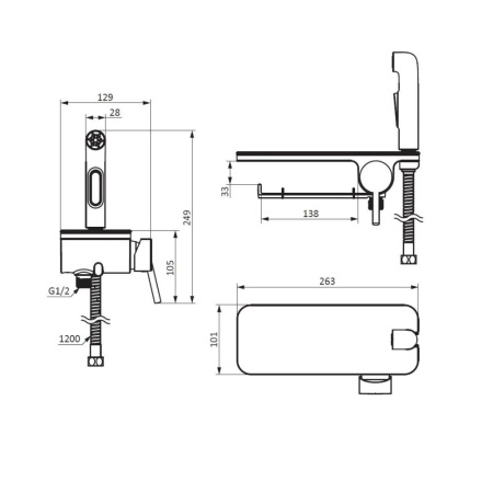 773500301 Jupiter, смеситель монтируемый в стену с гиг. душем и полкой, черный