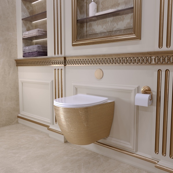 Унитаз GR-4455GWS (480*365*370) ЗОЛОТОЙ внутри БЕЛЫЙ подвесной БЕЗОБОДКОВЫЙ с тонкой крышкой