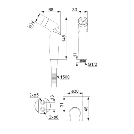 Гигиенический душ Damixa 760550200, с держателем, гибкий шланг, хромированная