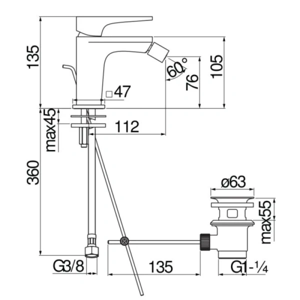 Смеситель для биде с донным клапаном Nobili Seven SE124119/1BM