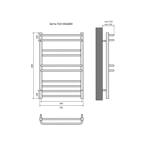 Полотенцесушитель водяной Aquatek (Акватек) Бетта П10 500х800 мм, черный муар, подключение нижнее/диагональное, сверхпрочная пищевая нержавеющая сталь AISI 304L, гарантия 10 лет