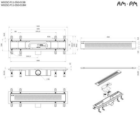 W02SC-P11-050-01BM PrimeFlow Трап для душа линейный универс затвор Cut Gradient 50см цвет черн мат