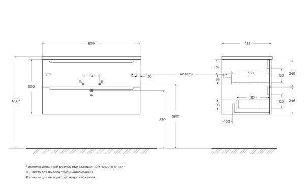 База под раковину подвесная BelBagno ETNA-900-2C-SO-BO-P Bianco Opaco, без раковины