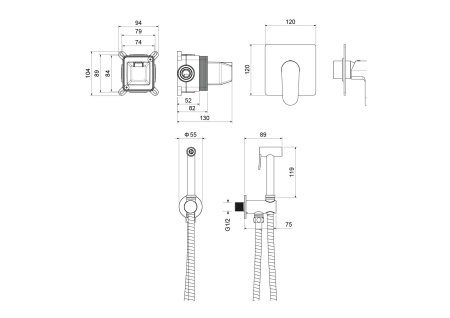 Набор гигиенический AQUATEK ОБЕРОН AQ1219CR, встраиваемый, рычажное управление, латунь, хром