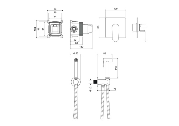 Набор гигиенический AQUATEK ОБЕРОН AQ1219CR, встраиваемый, рычажное управление, латунь, хром