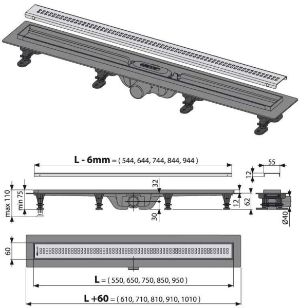 Душевой лоток AlcaPlast Simple с решеткой и опорами APZ9-850M