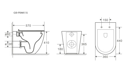 Унитаз GR-PR4411S (570*360*410) БЕЛЫЙ приставной БЕЗОБОДКОВЫЙ с тонкой крышкой, 1 место