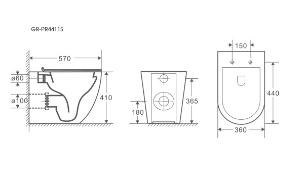 Унитаз GR-PR4411S (570*360*410) БЕЛЫЙ приставной БЕЗОБОДКОВЫЙ с тонкой крышкой, 1 место