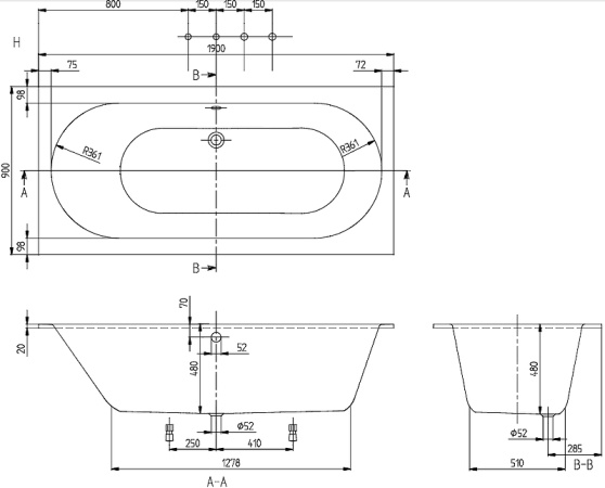 Квариловая ванна Villeroy&Boch Oberon 190x90 UBQ199OBE2V-01 без гидромассажа