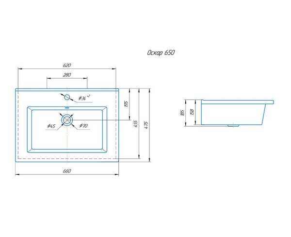 Раковина Kirovit "Оскар", прямоугольная, накладная, 65 см, белая, с переливом