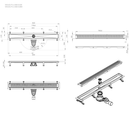 W01SC-P11-080-01SB MasterFlow Трап для душа линейный универс затвор Cut Gradient 80см цвет сталь мат