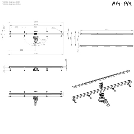 W01SC-S11-100-05SB MasterFlow Трап для душа линейный универс затвор Slim line 100см цвет сталь мат