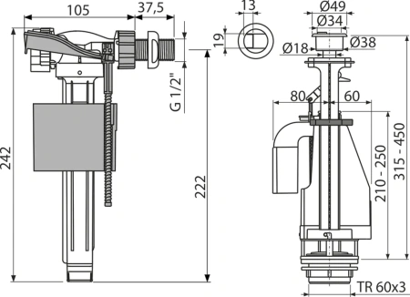 Механизм смыва для бачка AlcaPlast SA08AK 1/2" CHROM